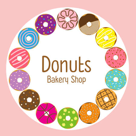 Donuts vector set isolated on white background, Bakery shop concept. Colorful donuts set with sugar strands, vector illustration.のイラスト素材