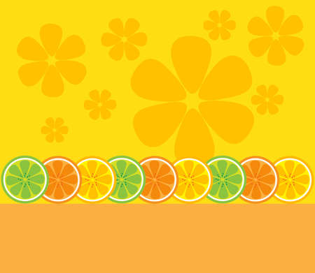 Cartoon Pretty Lime or Lemons and Orange Fruits on Yellow Background, Vector Illustrationのイラスト素材