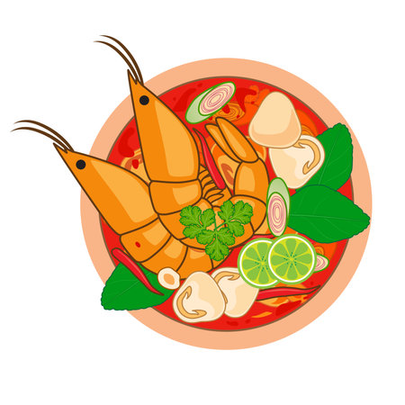 Tom Yum Kung Soup. Thai Spicy Soup is famous Food, Isolated, Vector Illustrationのイラスト素材