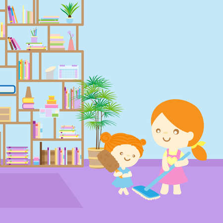 Stay at Home Family cleaning house. mother and kid cleaning living room together. cartoon vector illustrationのイラスト素材