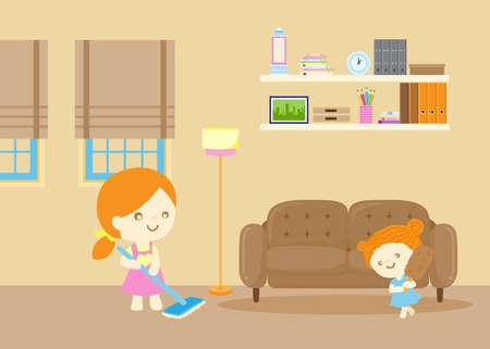 Stay at Home Family cleaning house. mother and kid cleaning living room together. cartoon vector illustrationのイラスト素材