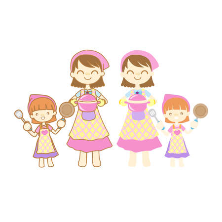 Happy Family Cooking Food Together,  mom and children cooking in kitchen vector cartoon illustrationのイラスト素材