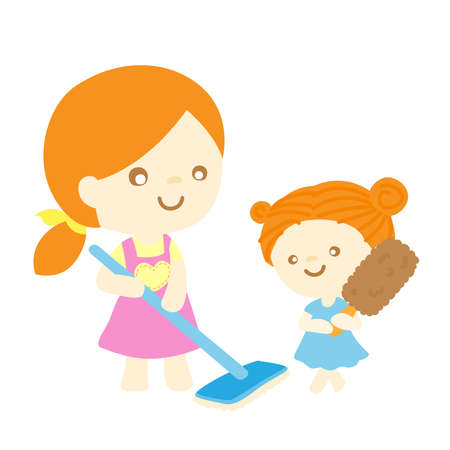 Stay at Home Family cleaning house. mother and kid cleaning living room together. cartoon vector illustrationのイラスト素材