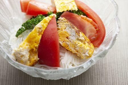 Somen of egg omelet and tomatoの写真素材