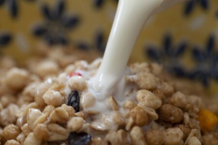 Milk poured cereal and dried fruits
