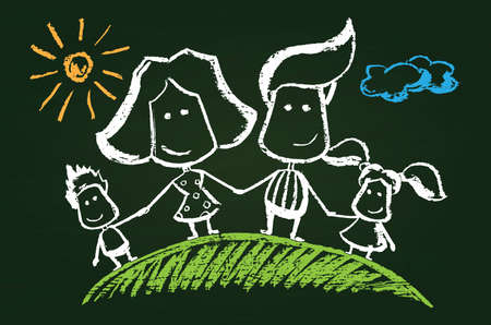 Illustration of chalked happy family on blackboardのイラスト素材