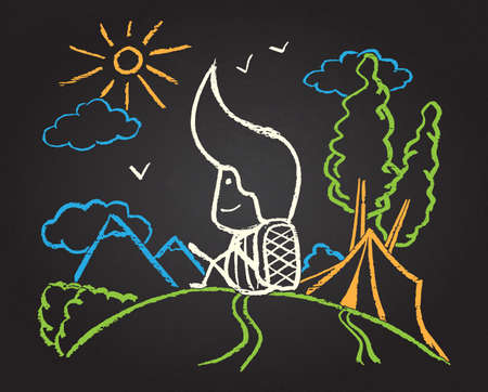 Illustration of chalked character in the forest on blackboardのイラスト素材