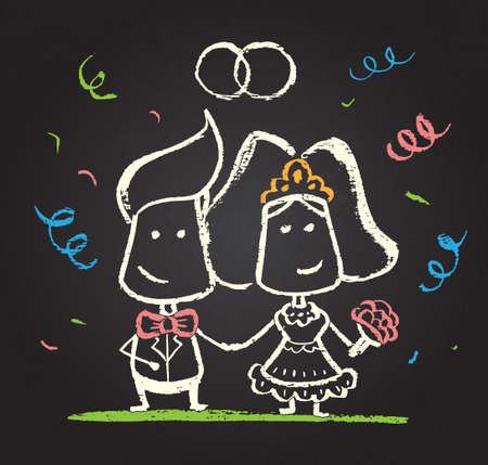 Illustration of chalked happy engaged couple on blackboardのイラスト素材