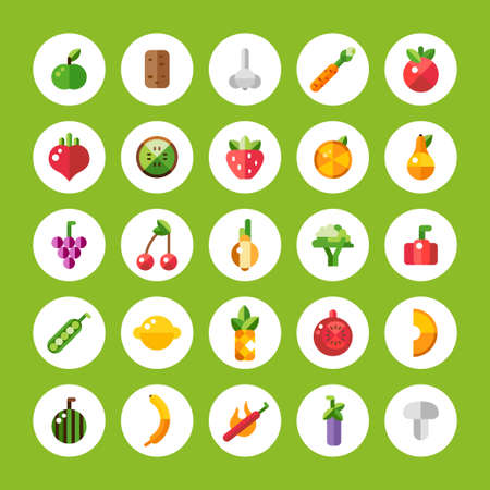 Set of vector flat design fruits and vegetables iconsのイラスト素材