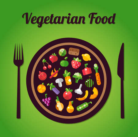 Illustration of flat design fruits and vegetables icons compositionのイラスト素材