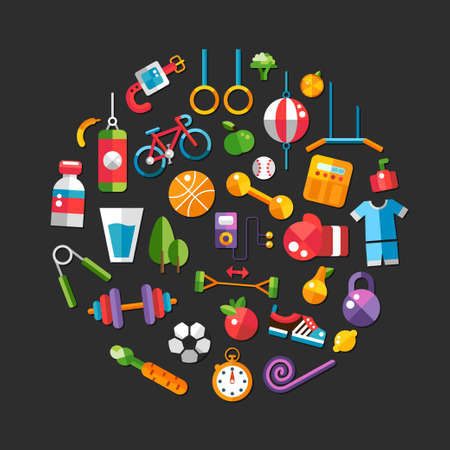 Set of flat design sport, fitness and healthy lifestyle vector iconsのイラスト素材