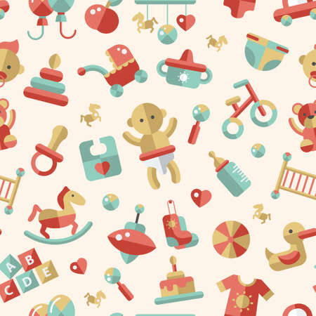 Illustration of vector flat design cute baby pattern with iconsのイラスト素材