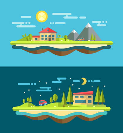 Modern flat design conceptual vector landscape illustration with buildingsのイラスト素材