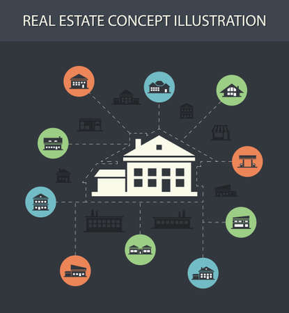 Illustration of vector buildings flat design composition with iconsのイラスト素材