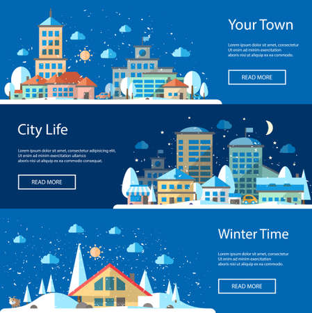 Set of vector illustrations of flat urban winter landscape compositionsのイラスト素材