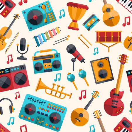Illustration of vector modern flat design musical instruments and music tools decorative patternのイラスト素材