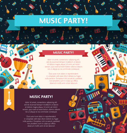 Illustration of vector modern flat design decorative invitation flyer template with musical instruments and music toolsのイラスト素材