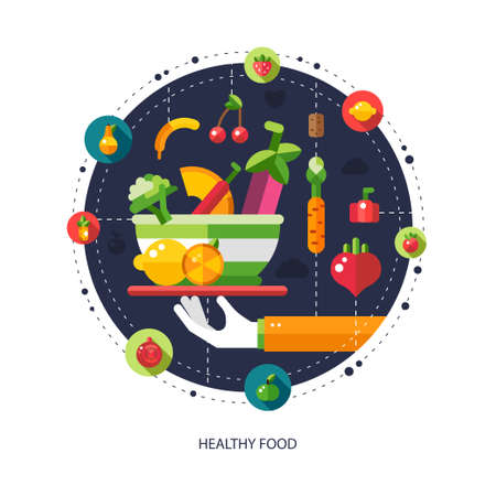 Illustration of vector flat design fruits and vegetables icons compositionのイラスト素材