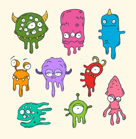 Vector illustration of friendly, cool, cute hand-drawn monsters collectionのイラスト素材