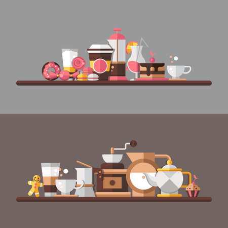 Set of vector modern flat design coffee-shop, cafe and bakery elementsのイラスト素材