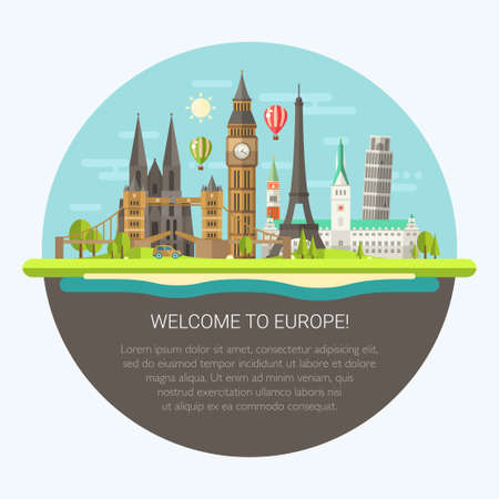 Vector illustration of flat design composition with famous european world landmarks iconsのイラスト素材