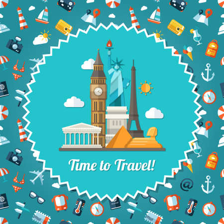 Illustration of vector travel flat design postcard with iconsのイラスト素材