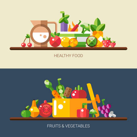 Set of vector flat design fruits and vegetables iconsのイラスト素材
