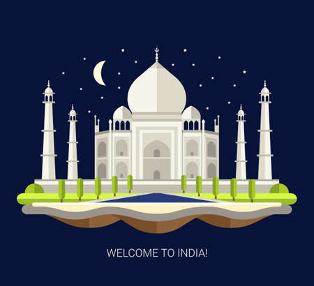Vector illustration of flat design travel indian composition with Taj Mahal in Indiaのイラスト素材