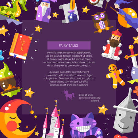 Illustration of postcard with fairy tales flat design magic vector  icons and elementsのイラスト素材