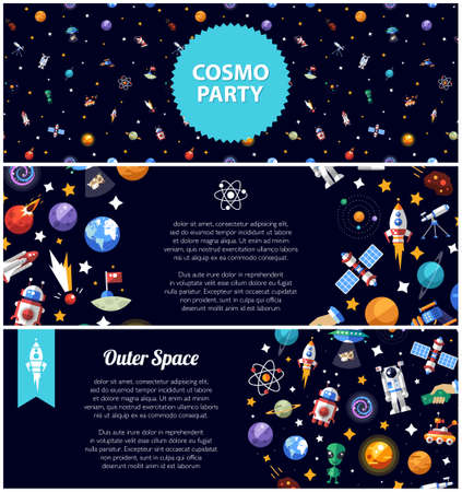 Set of vector flat design flyers of space icons and infographics elementsのイラスト素材