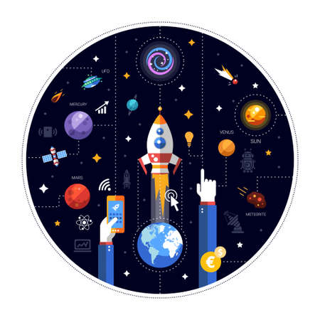 Vector flat design illustration of rocket launch with Earth,space icons and infographics elementsのイラスト素材