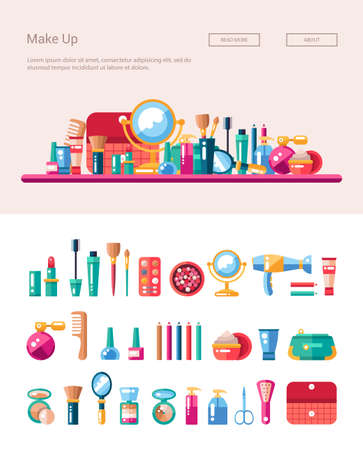 Set of flat design cosmetics, make up icons and elements with header banner illustrationのイラスト素材
