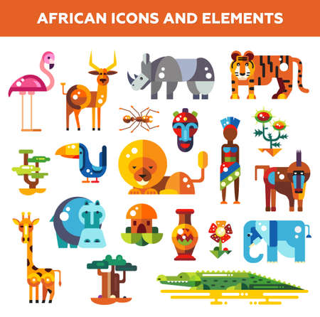 Set of flat design african icons and infographics elements with animalsのイラスト素材