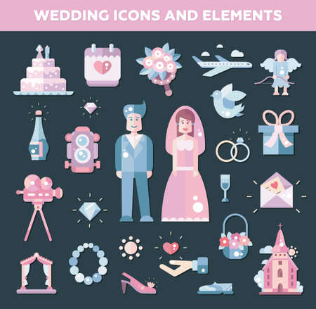 Set of flat design wedding and marriage icons and elementsのイラスト素材