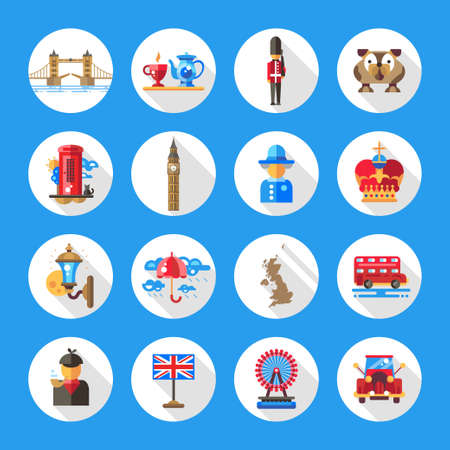 Set of flat design England travel icons and infographics elements with landmarks and famous London and United Kingdom symbolsのイラスト素材