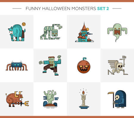 Set of  Halloween line flat design modern icons and characters. Funny scary personagesのイラスト素材