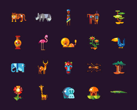 Set of flat design african icons and infographics elements with animalsのイラスト素材