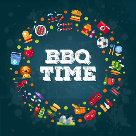 Invitation template of vector flat design barbecue and summer picnic icons and infographics elementsのイラスト素材