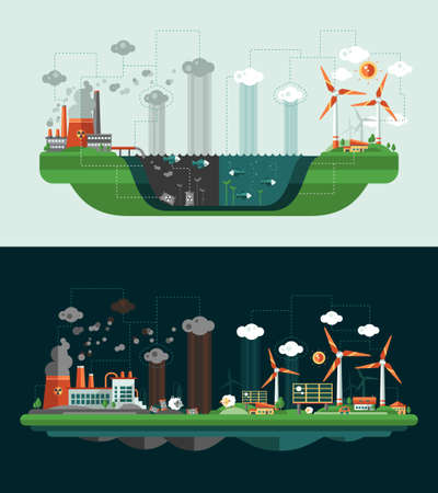 Set of modern vector flat design conceptual ecological illustrations with icons and infographics elements. Wasted and green landscapes.のイラスト素材