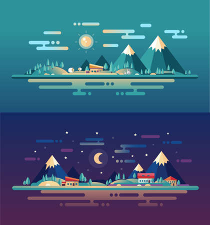 Set of vector modern flat design conceptual landscapes with animals, houses and mountains. Illustrations of beautiful forest scenes.のイラスト素材