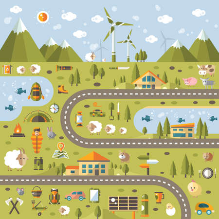 Modern vector flat design conceptual landscape illustration with info graphic elementsのイラスト素材