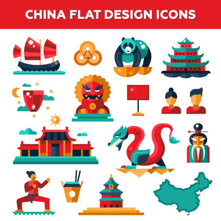 Set of vector flat design China travel icons and infographics elements with landmarks and famous Chinese symbolsのイラスト素材