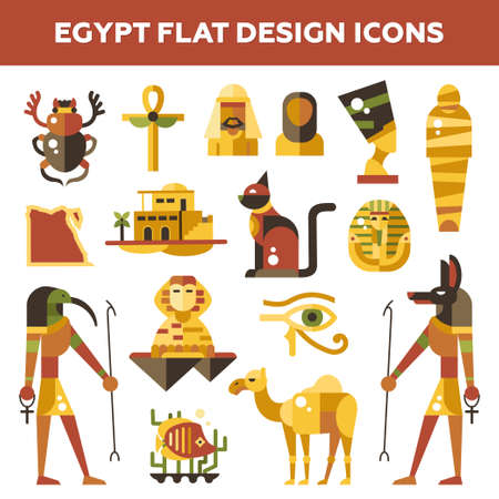 Set of vector flat design Egypt travel icons and infographics elements with landmarks and famous Egyptian symbolsのイラスト素材