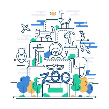 Illustration of vector modern line flat design Zoo composition and infographics elements with wild animalsのイラスト素材