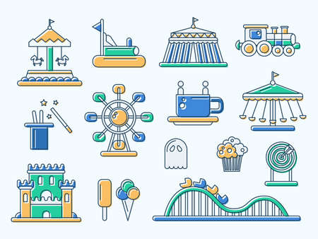 Set of vector flat design amusement park line iconsのイラスト素材