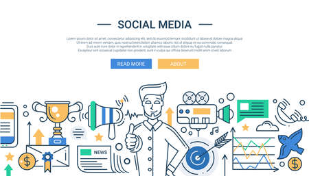 Illustration of vector modern social media promotion line flat design composition and infographics elements with a happy man. Header, banner for your website.のイラスト素材