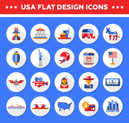Set of vector flat design USA travel icons and infographics elements with landmarks and famous American symbolsのイラスト素材