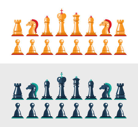 Set of vector flat design isolated black and white chess figures. Collection of the king, queen, bishop, knight, rook, and pawnのイラスト素材