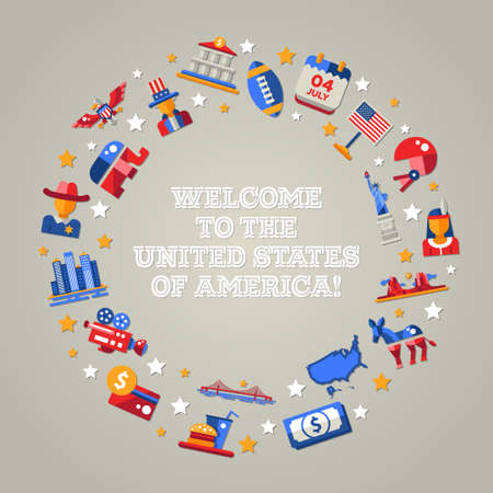 Illustration of vector flat design USA travel postcard with icons, infographics elements, landmarks and famous American symbolsのイラスト素材