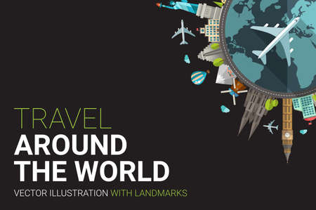Vector illustration of flat design travel composition postcard with famous world landmarks iconsのイラスト素材